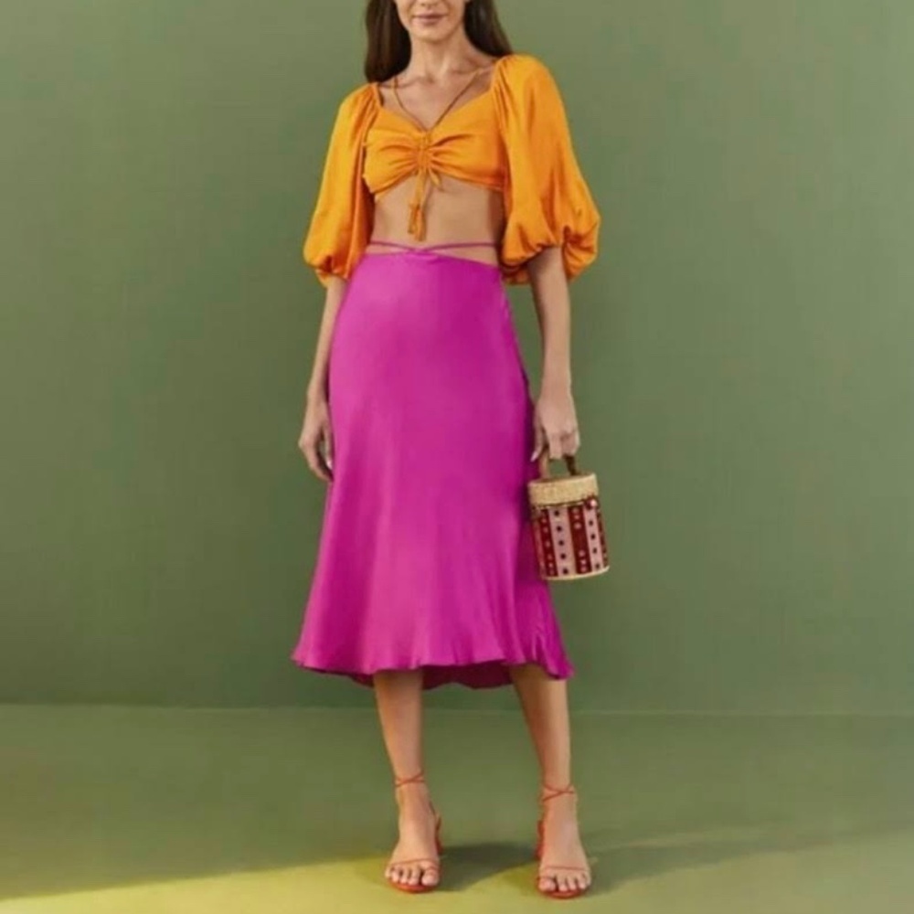 FARM Rio Satin Midi Skirt with Tassel Waist Tie - Picture 3 of 13